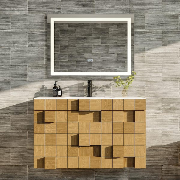Eviva Mosaic 33 in. W Soldi Wood Bathroom Vanity in Oak with White Solid Surface Top with White Sink