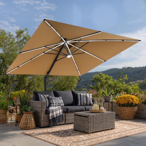 Pellebant 11 ft. x 11 ft. Aluminum Solar LED Patio Umbrella Outdoor Heavy  Duty 360 Rotation Cantilever Offset Umbrella in Tan PB-PU107LTAN