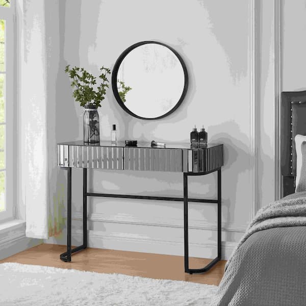 Polibi 2-Drawers Gray Makeup Vanity Table Wooden Dressing Desk with Mirror, Stainless Steel Base