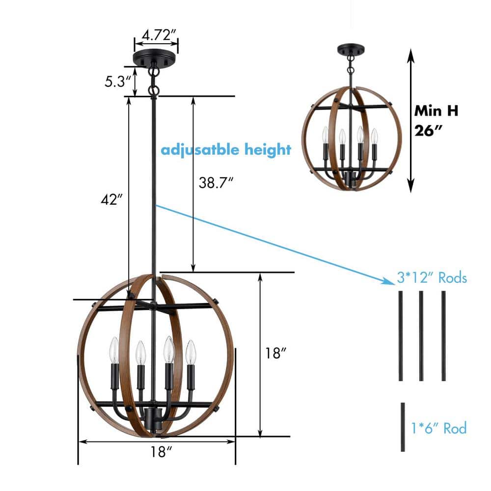 Rustic Black and Wood Grain Globe Pendant Light with Candle Bulbs
