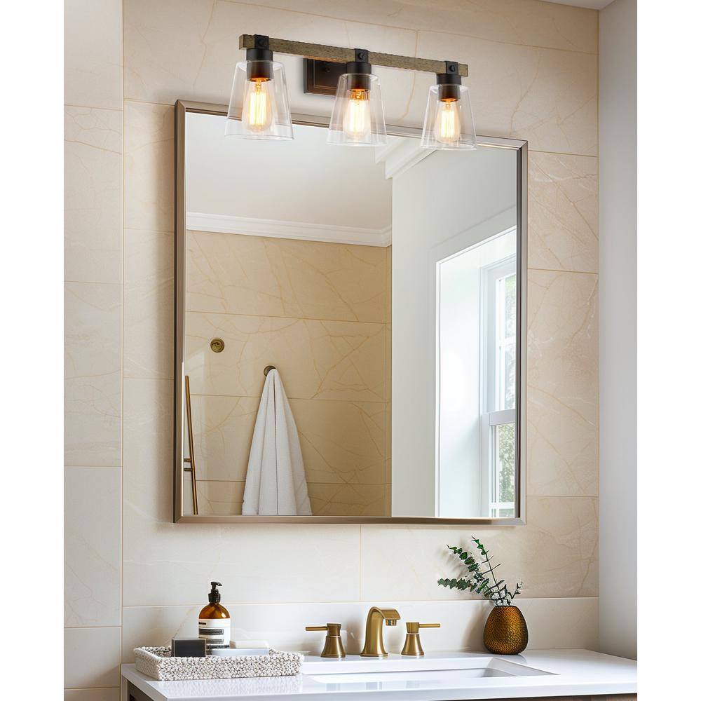 Asher 23" Black and Smoked Birch Wood Bathroom Vanity Light Set