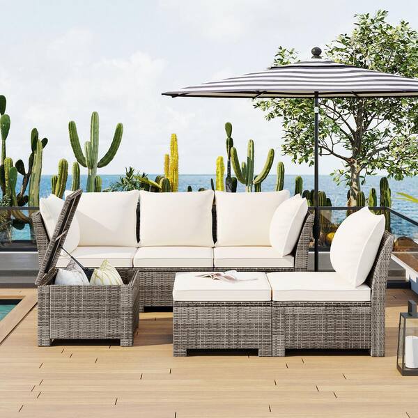 ANGELES HOME 6-Piece Wicker Patio Conversation Set with Beige Cushions, All-weather Conversational Furniture