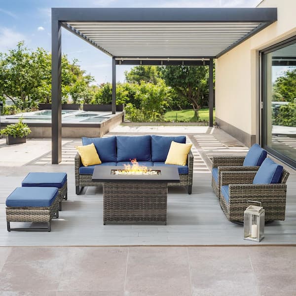 Opohoro U-Weave 6-Piece Gray Wicker Outdoor Rectangular Fire Pit Conversation Set with Blue Cushions and Swivel Rocking Chairs