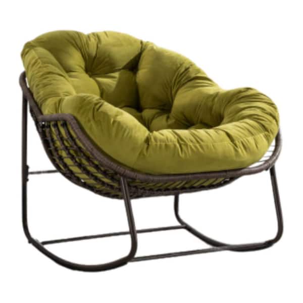 Series Frame Bronw Rattan Metal Rocking Outdoor Rocking Chair with CushionGuard Green Cushion 1Piece