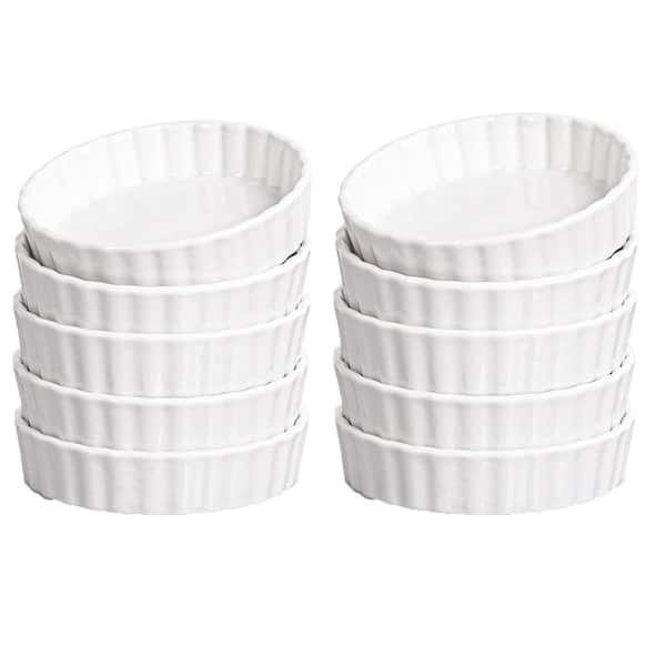 10-Piece Round Porcelain Ramekin Bakeware Set with Fluted Sides for Souffle, Quiche, Pudding, Dessert