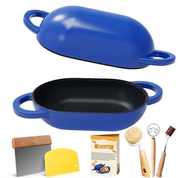 Enameled Cast Iron Oval Bread Oven 2 qt. Mini Sourdough Dutch Oven with Lid Non Stick Silicone Liner Blue