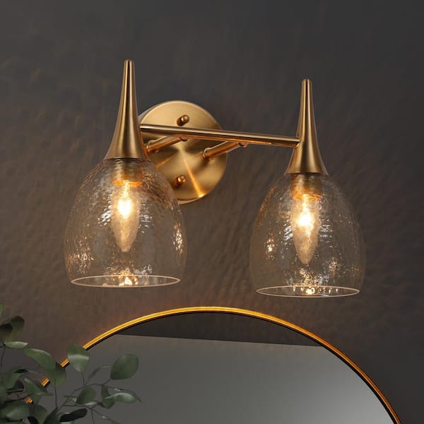 LNC Modern Plated Brass 2-Light Vanity Light Contemporary Bathroom Wall Light with Oval Hammered Glass Shades for Bathroom