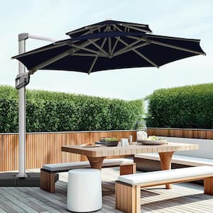 11ft. 2 Tiers Aluminum Patio Umbrella Offset Cantilever Umbrella with Unlimited Tilting System & Cross Base in Navy Blue