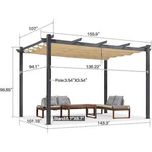 9.5 ft. x 13 ft. Beige Outdoor Retractable Against The Wall with Shade Canopy Modern Yard Metal Grape Trellis Pergola