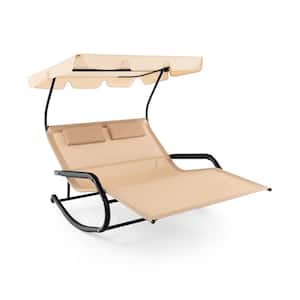 2-Person Metal Outdoor Rocking Chaise Lounge with Canopy and Wheels in Beige
