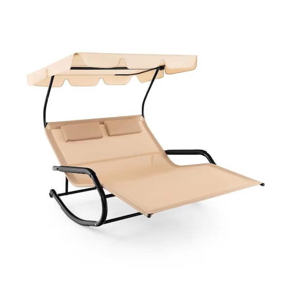 WELLFOR 2-Person Metal Outdoor Rocking Chaise Lounge with Canopy and Wheels in Beige
