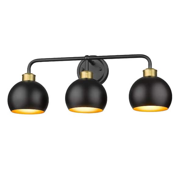 JAZAVA 24 in. 3-Light Black and Brushed Brass Vanity Light with Metal Shade for Bathroom