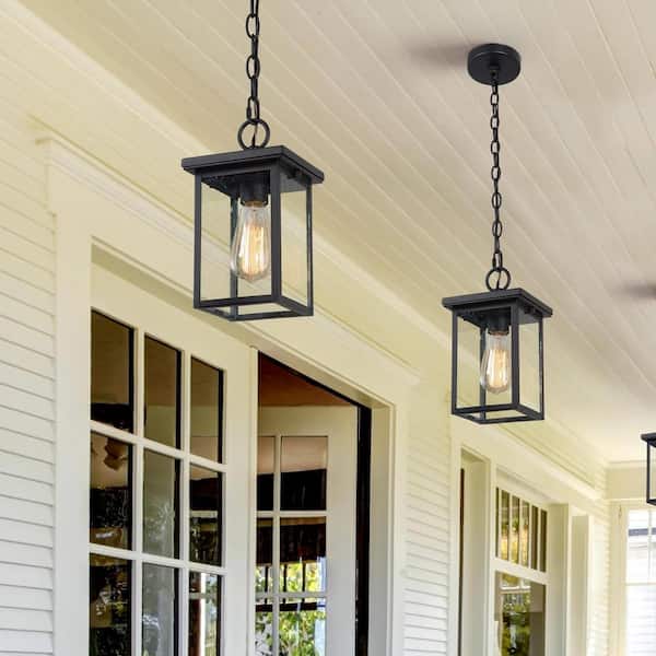 Matte Black Rustic Outdoor Hanging Lantern, Mini Farmhouse 1-Light Square Outdoor Pendant Light with Seeded Glass Shade