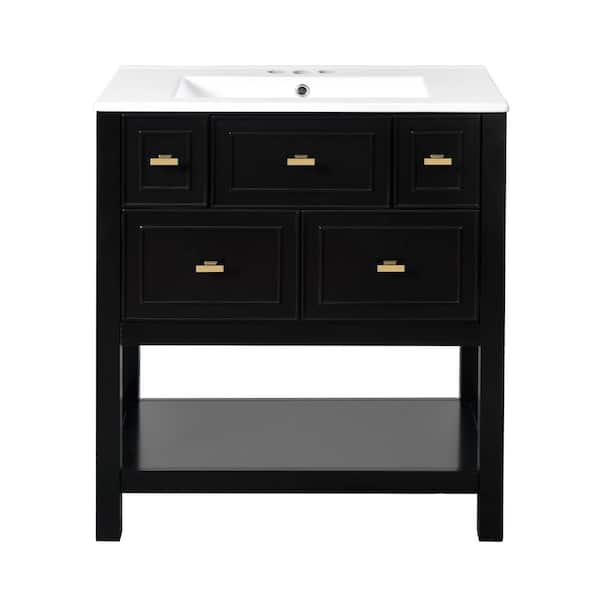 34 in. H Solid Wood Frame Bathroom Storage Cabinet with Ceramic Sink Adjustable Dividers and 5 Drawers Black