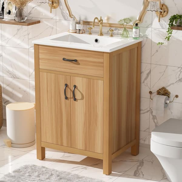 24 in. Single Sink Freestanding Wood Bath Vanity with White Ceramic Top, Flip Drawer, Door Racks, Adjustable Shelf