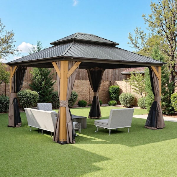 12 ft. x 14 ft. Brown Outdoor Cedar Wood Frame Canopy with Galvanized Steel Double Roof Hardtop Gazebo with Curtains