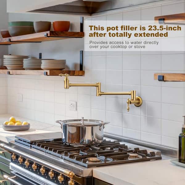 Brass Wall Mounted Pot Filler Faucet with Double Joint Swing Arms, Commercial Kitchen Pot Faucet in Gold