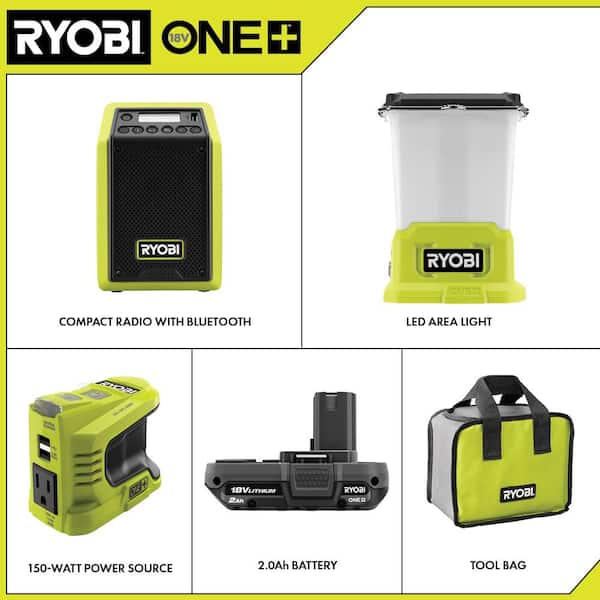 ONE+ 18V Cordless 3-Tool Storm Kit with Radio, Area Light, Power Inverter and ONE+ 18V Cordless High Pressure Inflator