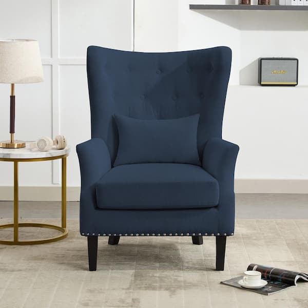 JEAREY Modern Rubberwood Leg Navy Tufted Wingback Chair with Pillow