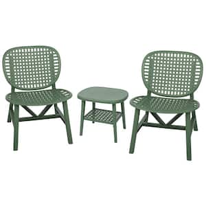 3-Piece Polypropylene Outdoor Bistro Set with Open Shelf and Lounge Chairs with Widened Seat in Green