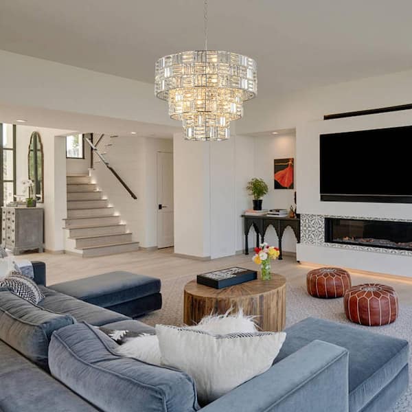 Luz 11-Light Tired Round Crystal Chandelier Chrome Finish Round with Mosaic Crystal for Living Room and Kitchen