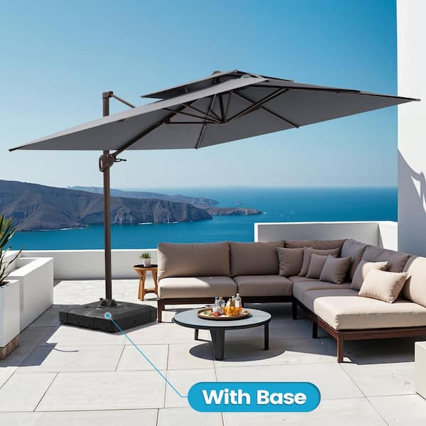 Crestlive Products 10 ft. Square Double-Top Polyester Cantilever Tilt Patio Umbrella in Dark Gray with 220 lbs. HDPE Base