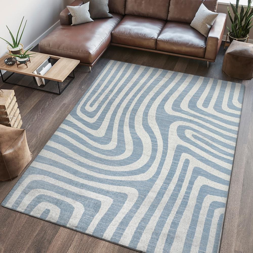 Blue and Cream Abstract Synthetic 4' x 6' Washable Area Rug