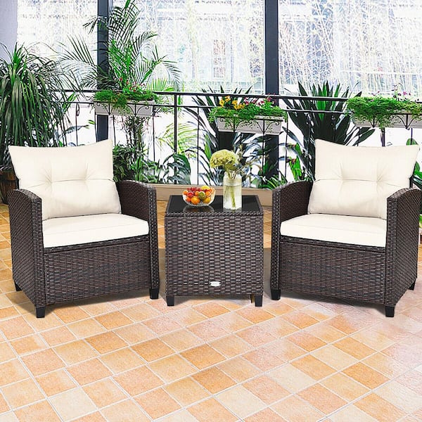 3-Piece Wicker Outdoor Patio Conversation Set Garden Yard with Off White Cushions