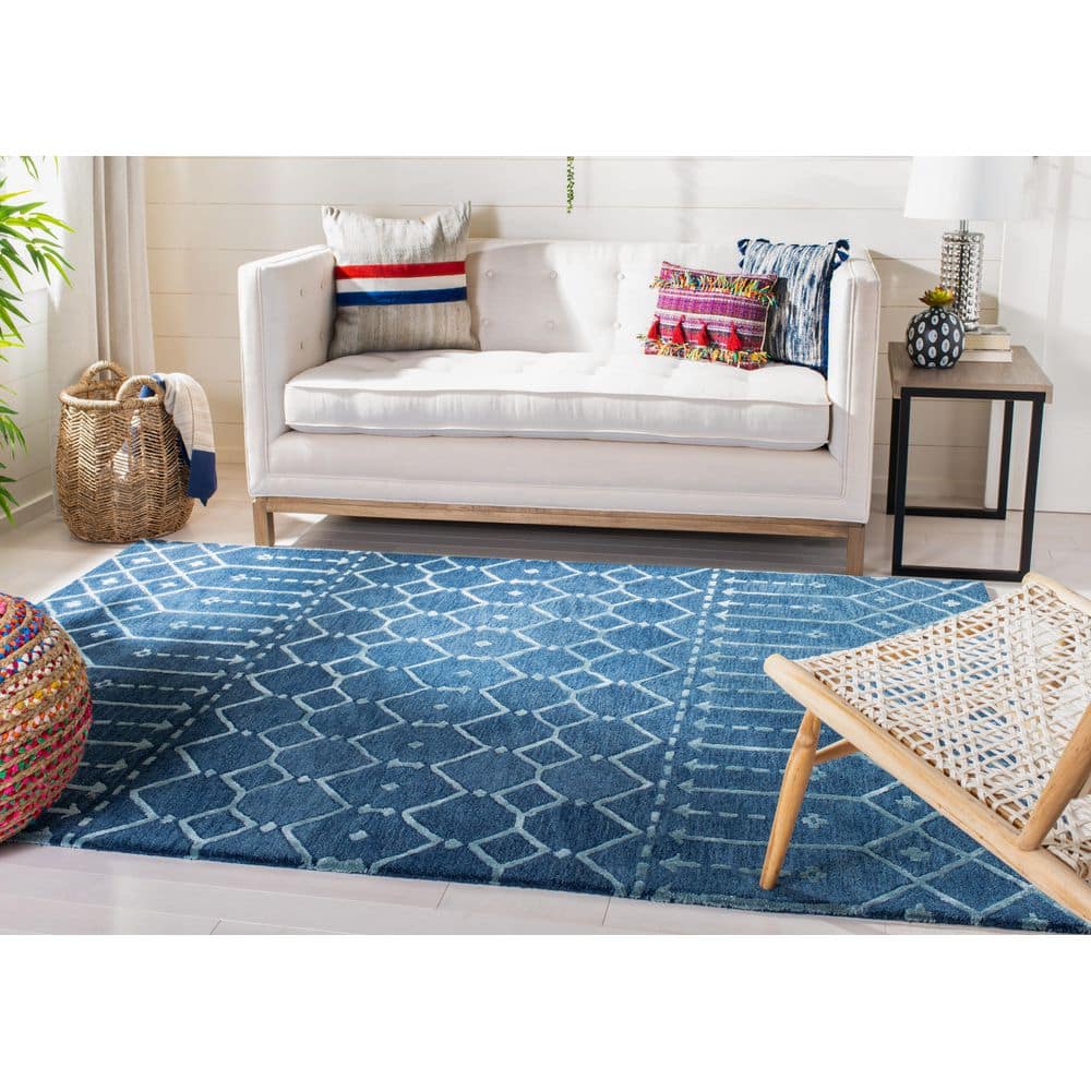 Handmade Navy and Silver Wool Geometric 10' x 14' Area Rug