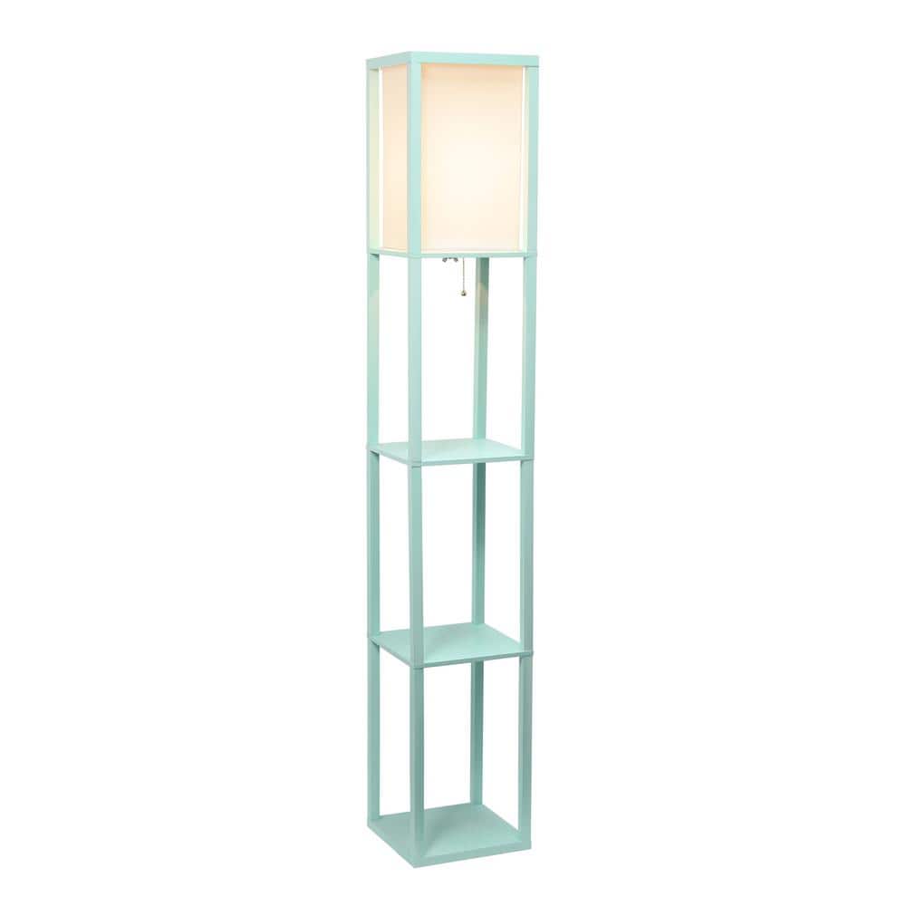 Aqua Transitional Floor Lamp with Linen Shade and Storage Shelf