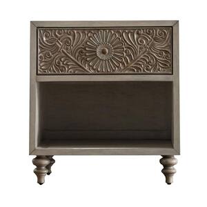Drawer Ivory Night Stand with Polyresin Floral Design 28 in. H x 28 in. W x 17 in. L