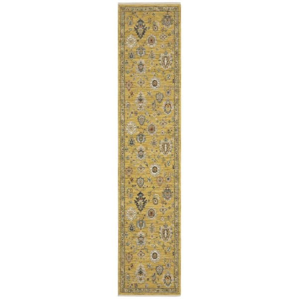2 X 12 Yellow, Black, Ivory Oriental Washable Area Rug Runner Rug
