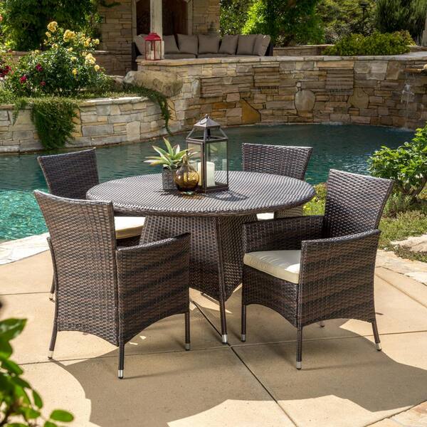 Noble House Rodgers Multi-Brown 5-Piece Faux Rattan Outdoor Patio ...