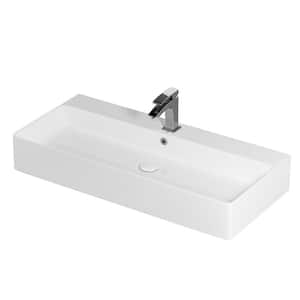 Rectangular Trough Sink 36 in. Round Corner Bathroom Sink in White Ceramic Includes Pop-Up Drain and Two Covers