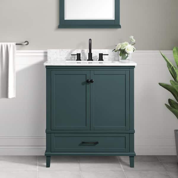 Home Decorators Collection Merryfield 31 in. Single Sink Freestanding Antigua Green Bath Vanity with White Carrara Marble Top (Assembled)