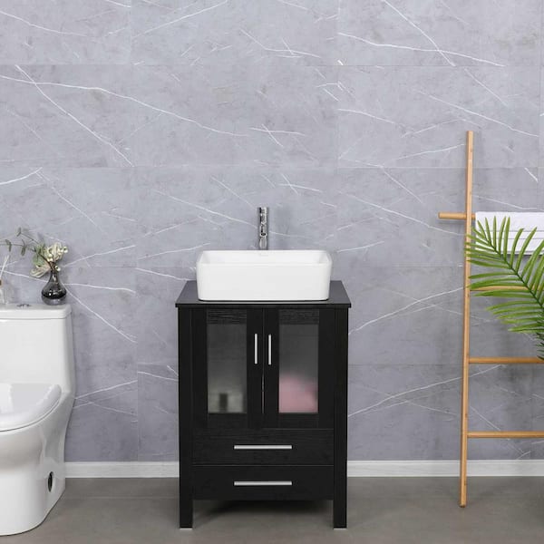 eclife 24 in. W x 20 in. D x 32 in. H Single Sink Bath Vanity in Black with White Ceramic Vessel Sink Top Chrome Faucet Set