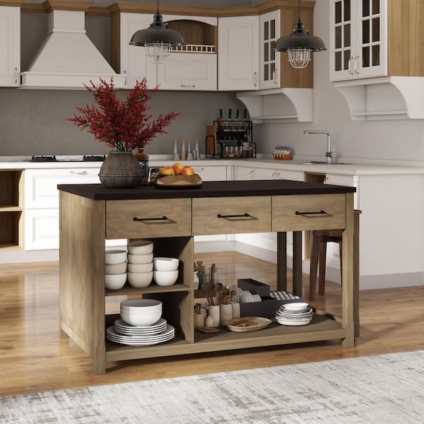 Ziyudura Natural Wood 99 in. Extendable Kitchen Island with Built-in Power Outlets, 3-Drawers, Open Shelves, and Locking Casters