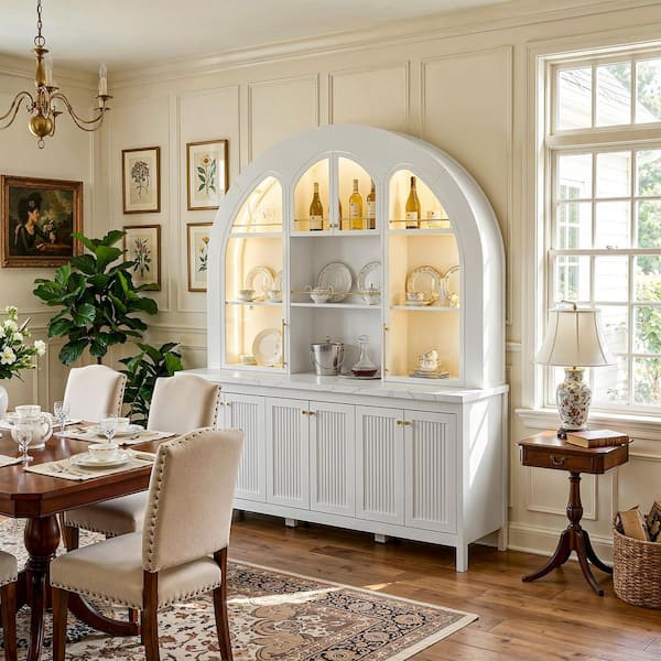 Modern White Wood Sideboard, Buffet, Food Pantry, Storage Cabinet w/ 15-Shelf, Glass Doors, Light and French Arched Dome