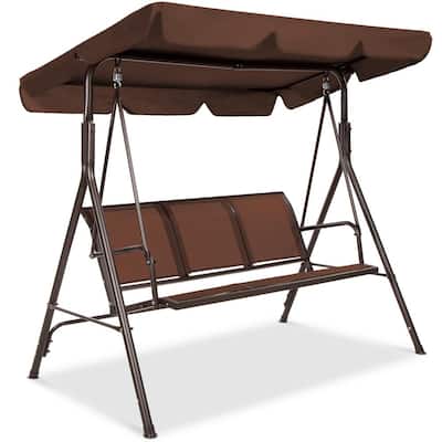 3-Person Metal Patio Swing with Brown Cushions