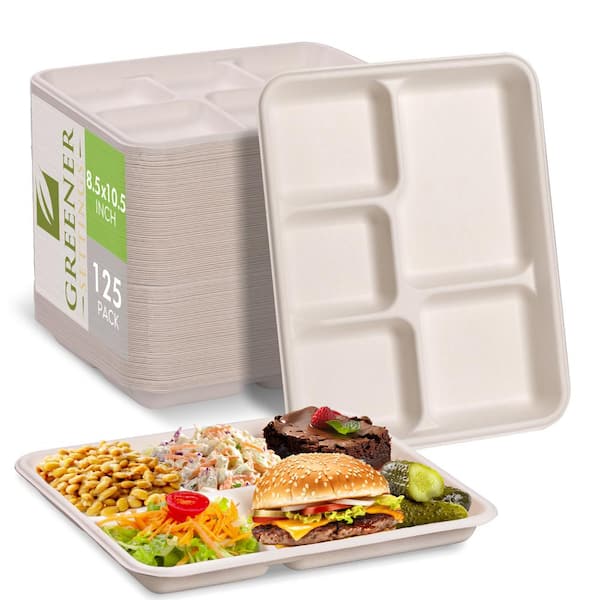 Go-Green 100% Compostable 5 Compartment Plates,Eco-Friendly Disposable  Bagasse Tray,10 inch Heavy Duty School Lunch Tray,100 Pack
