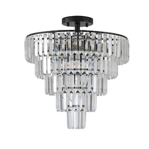 19.7 in. 10-Light Black Luxury Ceiling Lighting Semi-Flush Mount with Crystal Shade and No Bulbs Included