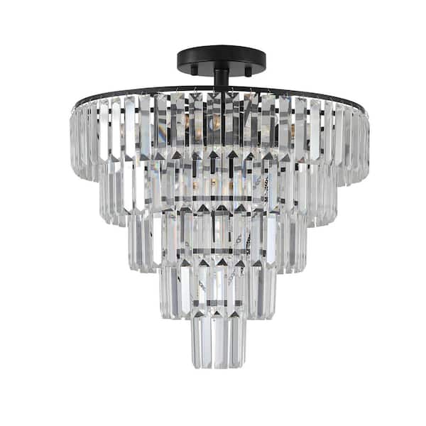 HKMGT 19.7 in. 10-Light Black Luxury Ceiling Lighting Semi-Flush Mount with Crystal Shade and No Bulbs Included