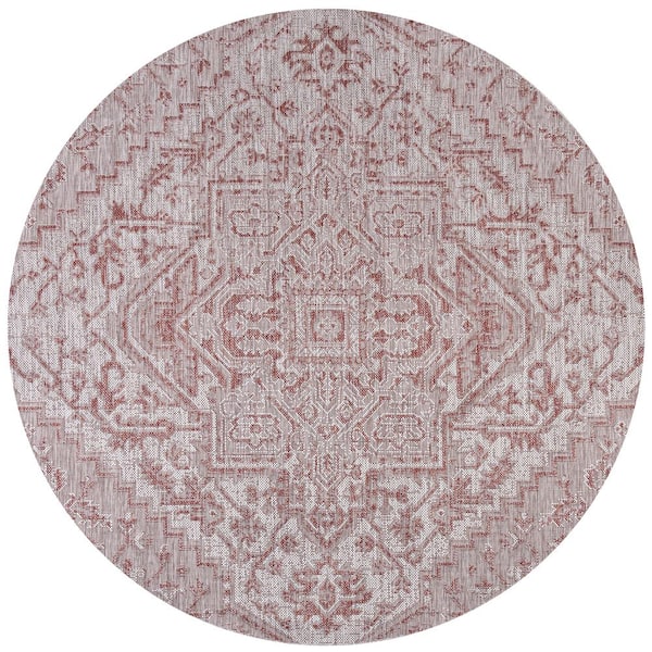 Estrella Bohemian Medallion Textured Weave Red/Taupe 5 ft. Round Indoor/Outdoor Area Rug