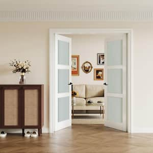 64 in. x 80 in. Universal Handed 3-Lite Frosted Glass White Solid Core MDF Double Prehung French Door with Assemble Jamb