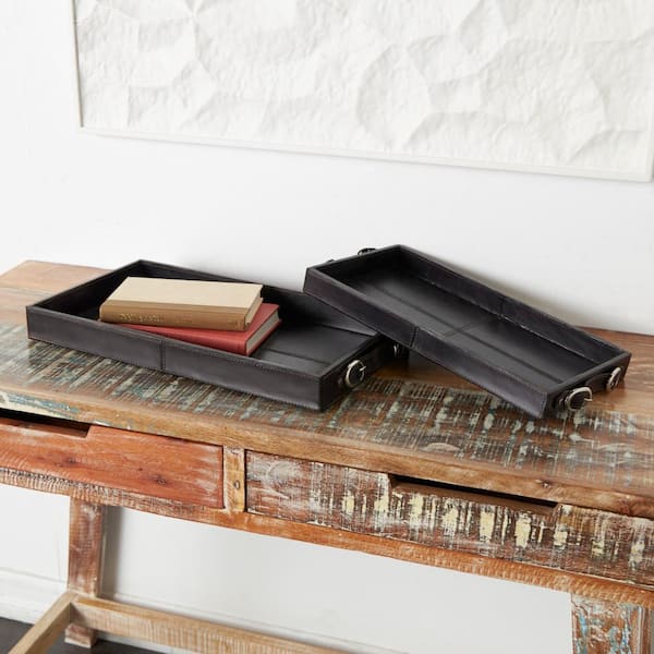 Litton Lane Dark Brown Leather Nesting Decorative Tray with Buckel Handles (Set of 2)