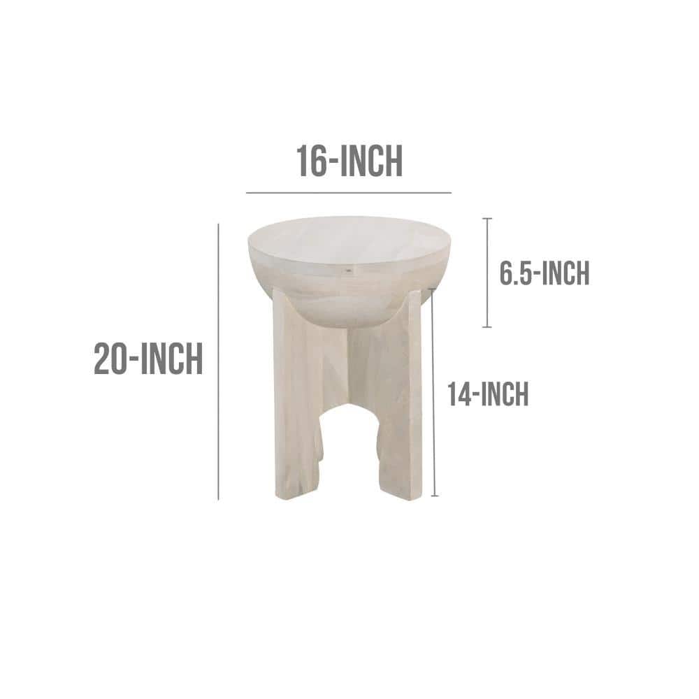 Washed White Mango Wood Round Side End Table, 20" Height