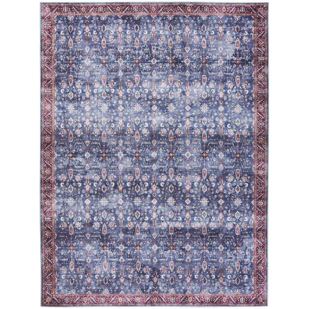 Blue and Brick Floral 5' x 7' Washable Synthetic Rug