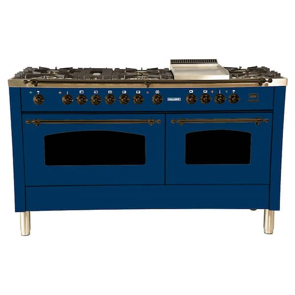 Hallman 60 In 6 Cu Ft Double Oven Dual Fuel Italian Range True Convection 8 Burners Griddle Lp Gas Bronze Trim In Blue Hdfr60bzbulp The Home Depot