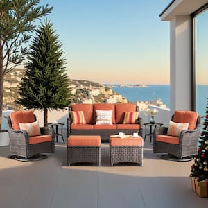 Moonlight Brown 7-Piece Wicker Patio Conversation Seating Sofa Set with Orange Red Cushions and Swivel Rocking Chairs