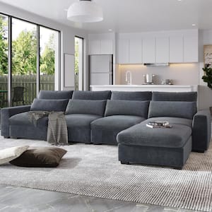 130 in. Square Arm Linen 5-Piece L-Shaped Feather Filled Sectional Sofa with Ottoman in Gray